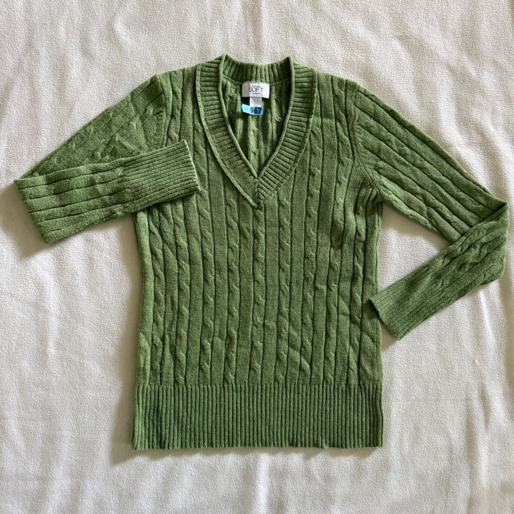 Ann Taylor Loft V-Neck Cable Knit Wool Blend Sweater Preppy Layering Green MP